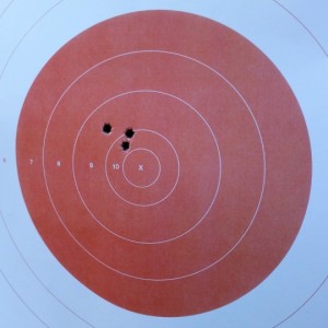 0.64 MOA group shot off a bi-pod with PPU brass, Federal Match primers, 142 gr SMK HPBT projectiles and 34.7 grains of AR 2208.