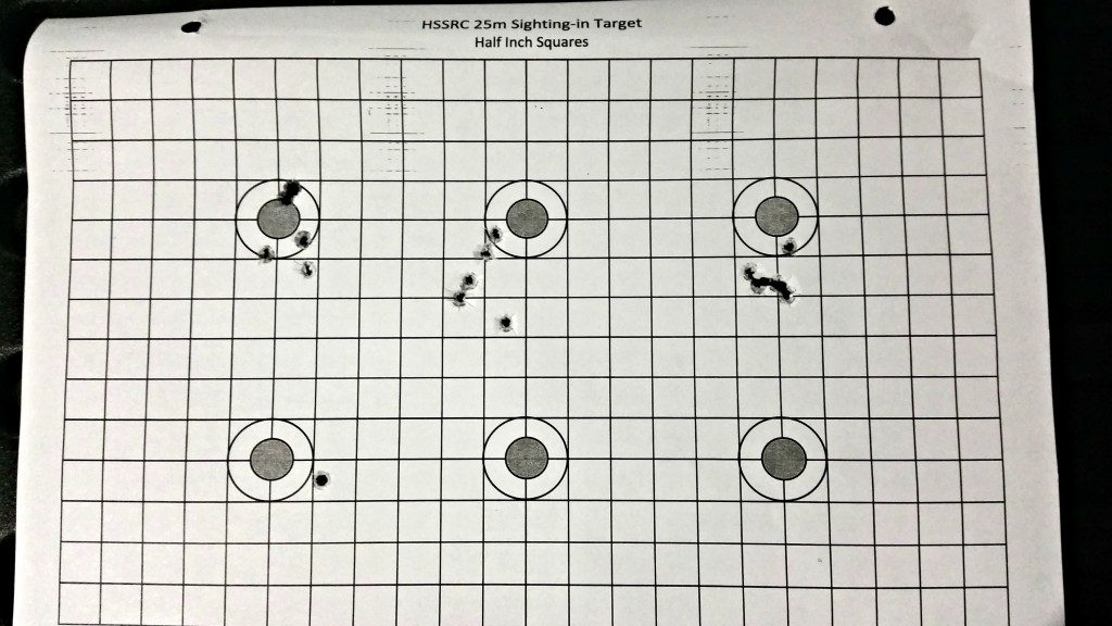 The top right target is 5 CCI SV rounds put through the V can suppressor, showing no loss in accuracy. The bottom left is the initial HP Sub through the bottom of the can.