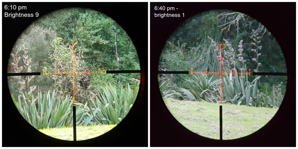 Excuse the poor resolution - that's me trying to take a picture through the scope with my cell phone. But, these shots do illustrate how much light you get in the evening, as well as how clear the illuminated reticle is. The first image is 5 minutes before sunset, the second is 25 minutes after sunset.