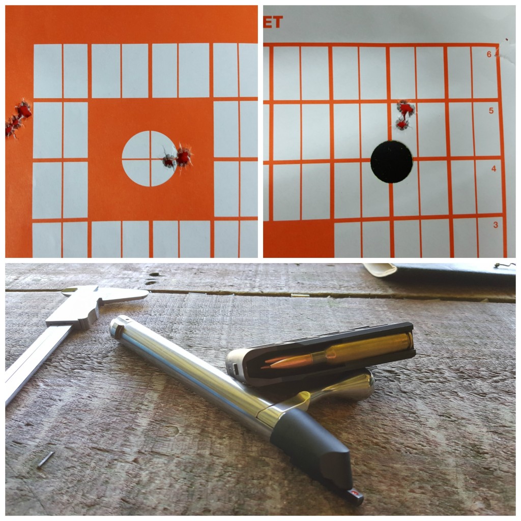 Consistent groups around 0.2 - 0.25 MOA showed the efficacy of the T3 and PST combo. The above was shoot off of a bipod and rear bag at 100 metres. The load was a 142 gr SMK sitting on top of 40 gr of AR2208 (Varget).