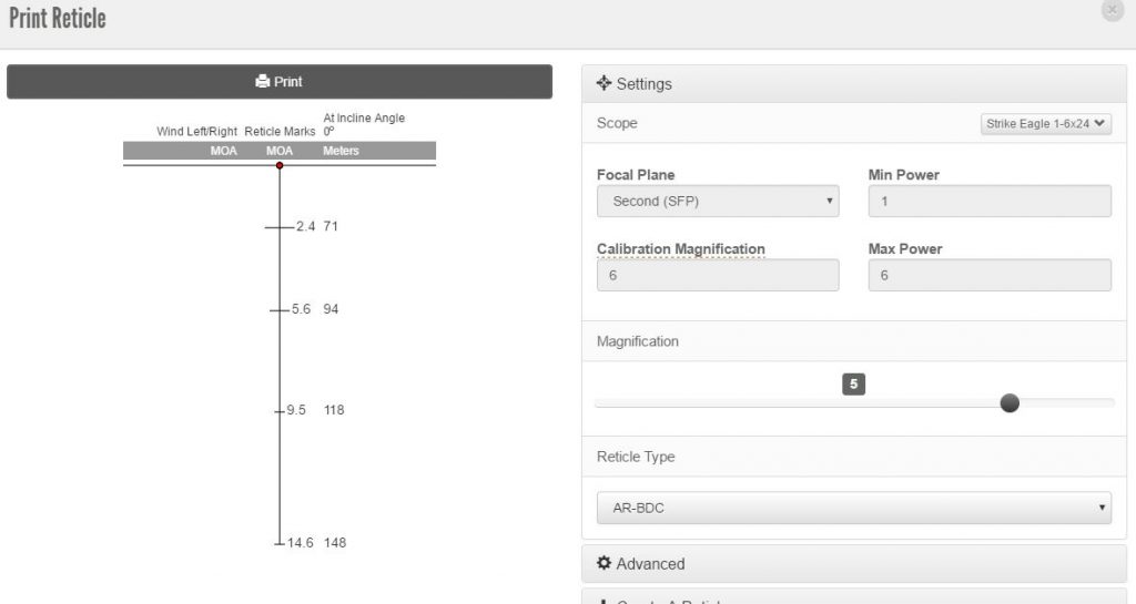 The Vortex LRBC web app is incredibly useful for figuring out drops and wind holds, and can give you traditional drop charts or reticle images such as the above.