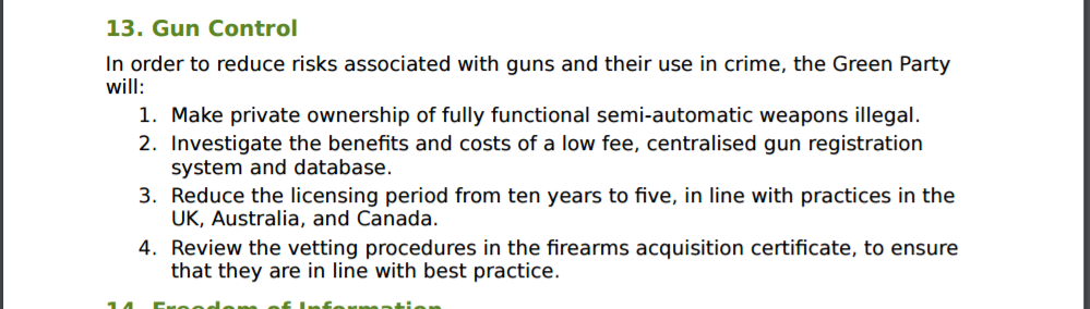 The Greens firearm policy has not changed since 2014. All items are as expected from this party. Except number 4. This doesn't exist in New Zealand - this is from some other country's laws. Canada, maybe?